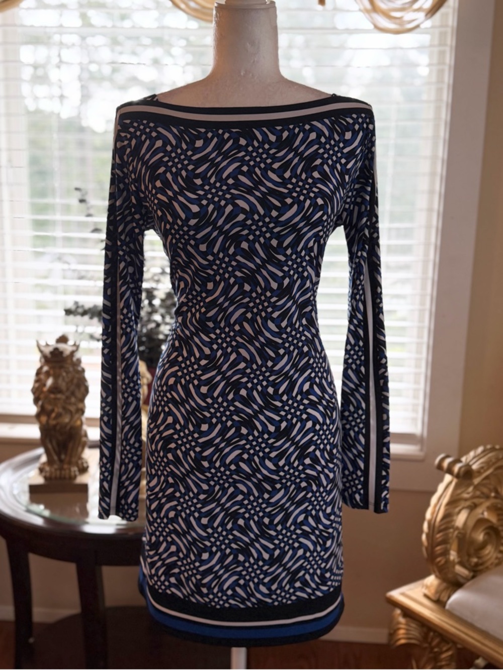 Michael Kors Navy and White Boatneck Long-Sleeve Sheath Dress